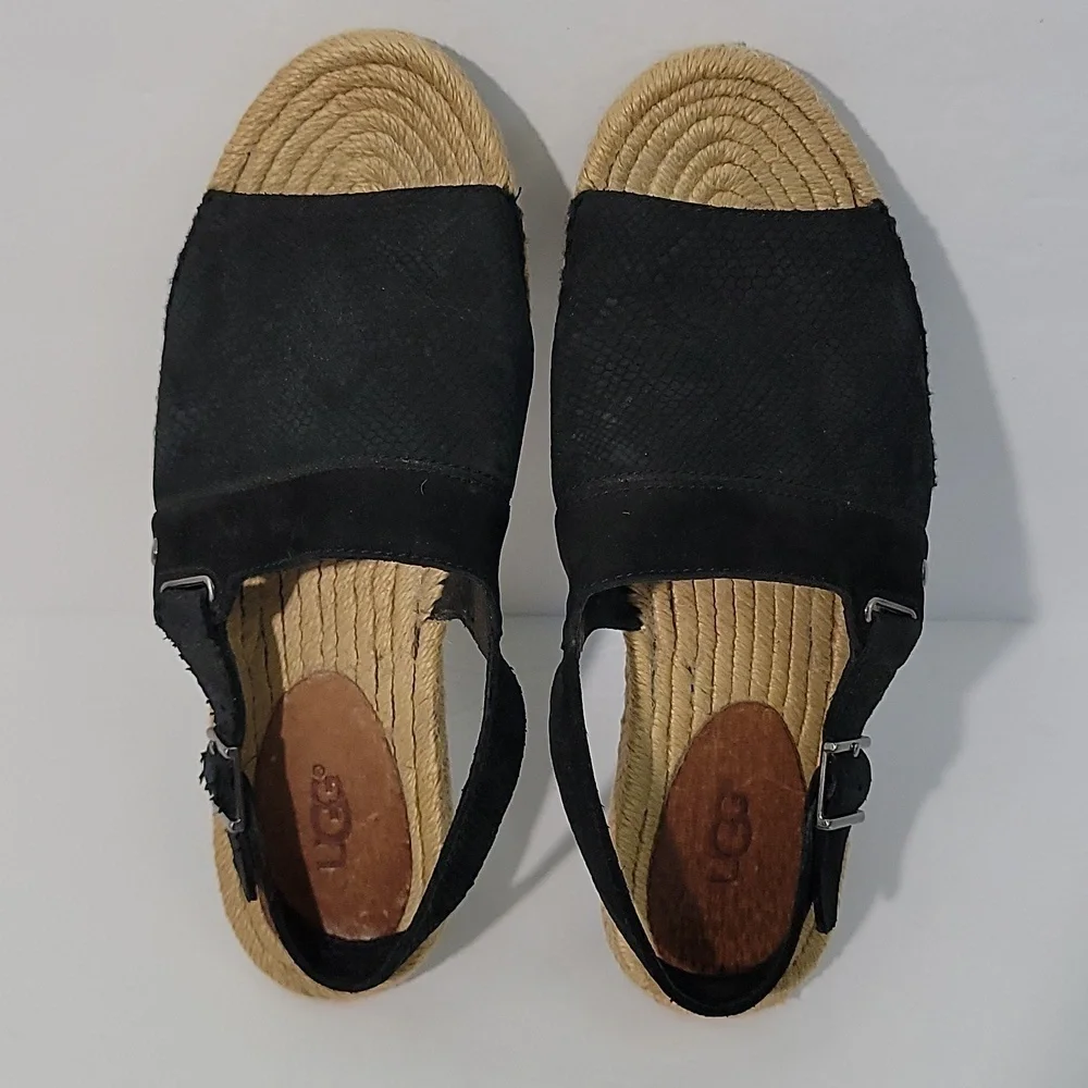 UGG Isadora Black Leather Snakeskin Slink Back Espadrille Sandals Women Sz 5.5